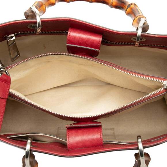 GUCCI Red Leather Bamboo Shoulder Bag - Picture 4 of 6